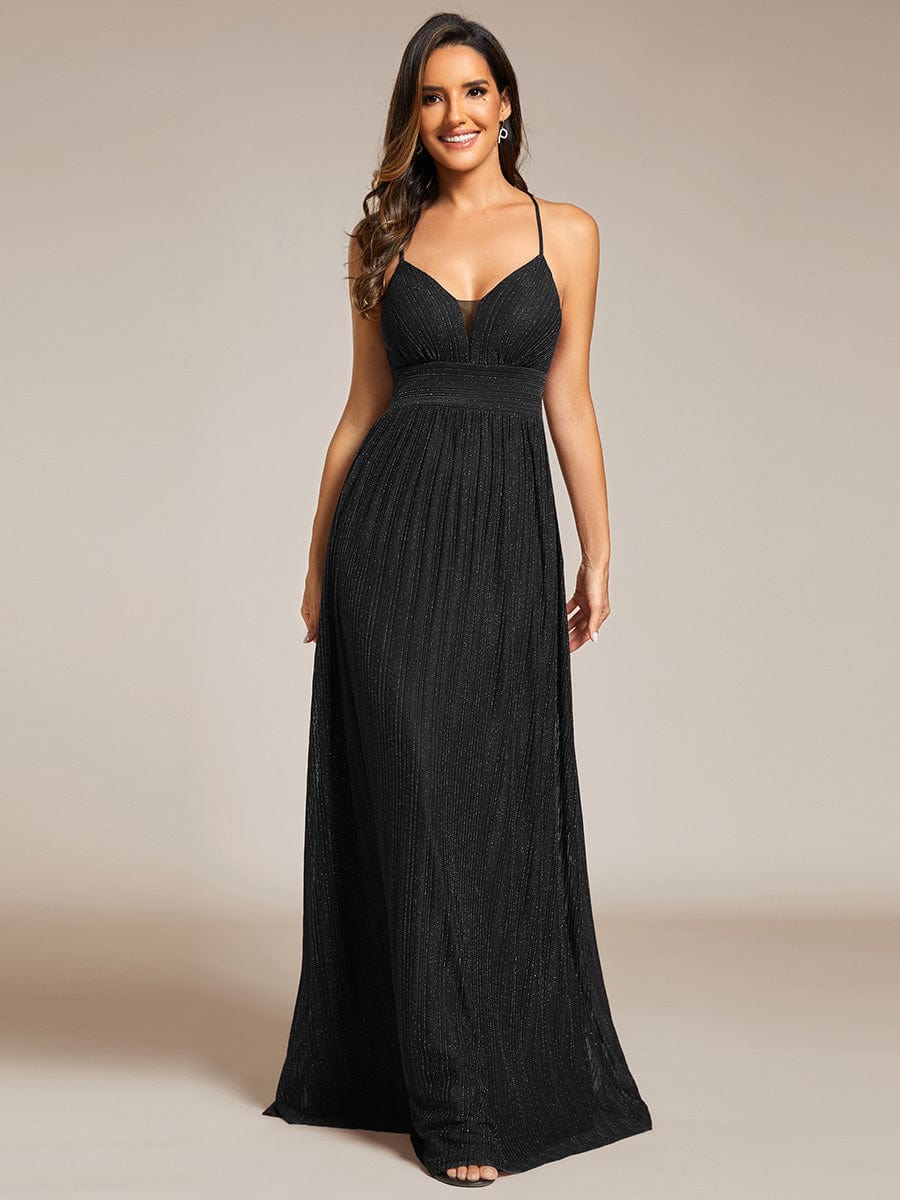 V-Neck Glittery Spaghetti Straps Backless Formal Evening Dress #color_Black