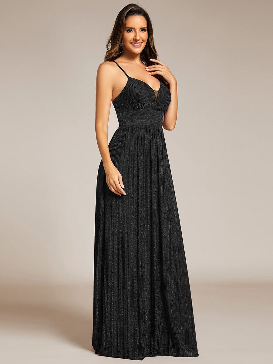 V-Neck Glittery Spaghetti Straps Backless Formal Evening Dress #color_Black