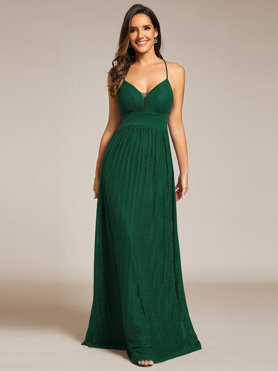 V-Neck Glittery Spaghetti Straps Backless Formal Evening Dress #color_Dark Green