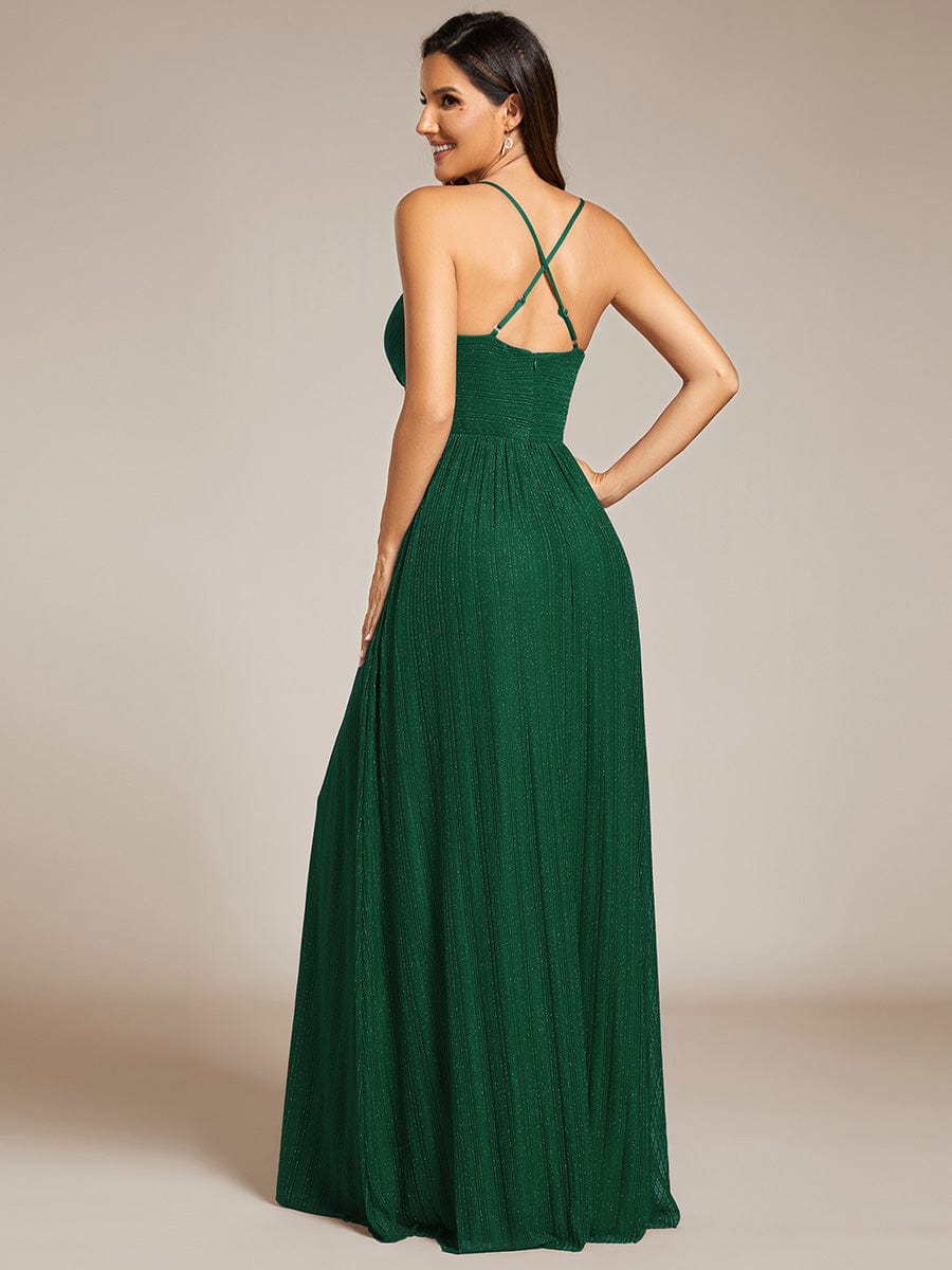 V-Neck Glittery Spaghetti Straps Backless Formal Evening Dress #color_Dark Green