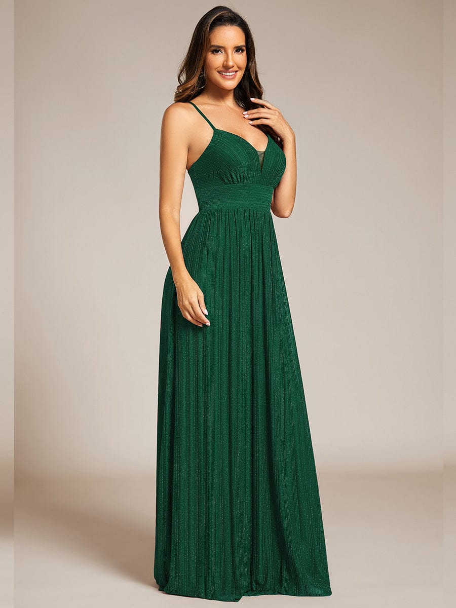 V-Neck Glittery Spaghetti Straps Backless Formal Evening Dress #color_Dark Green