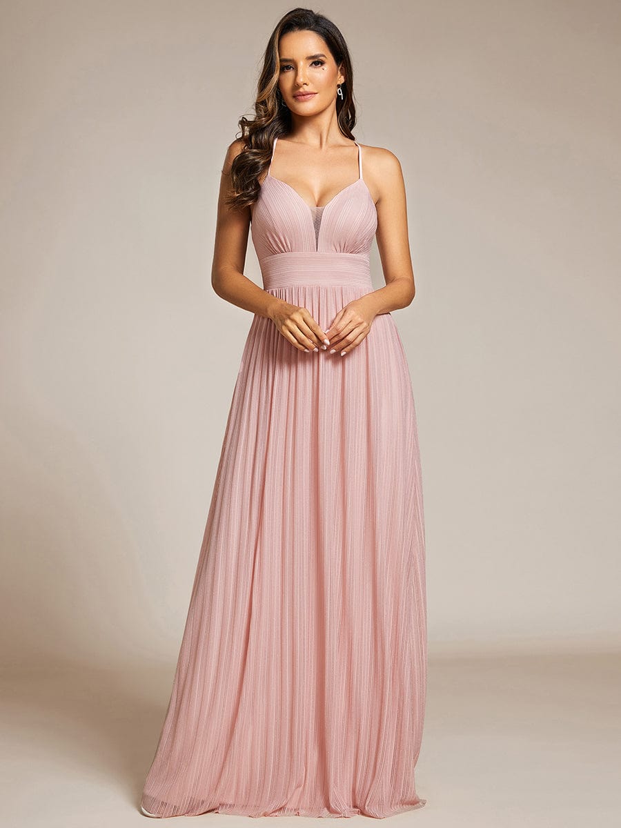 V-Neck Glittery Spaghetti Straps Backless Formal Evening Dress #color_Pink