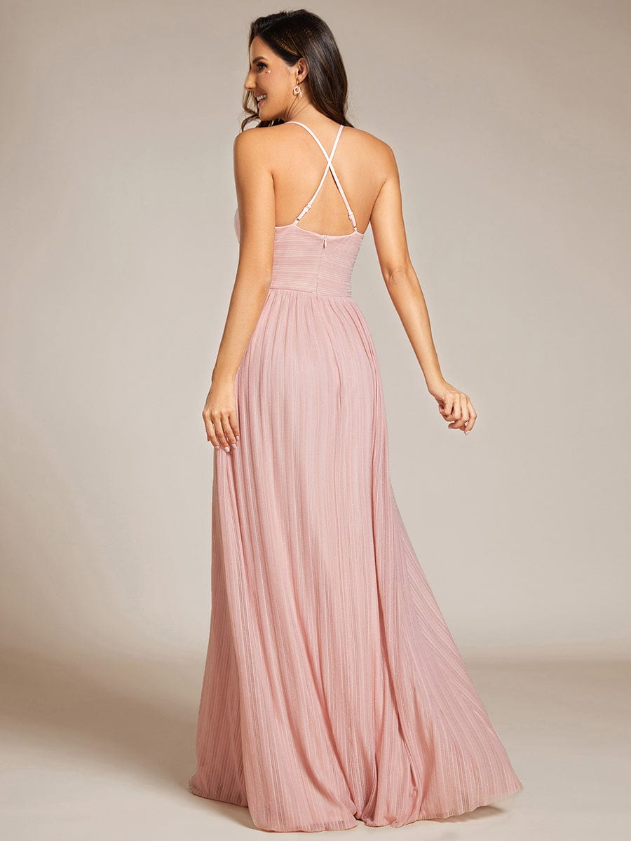 V-Neck Glittery Spaghetti Straps Backless Formal Evening Dress #color_Pink