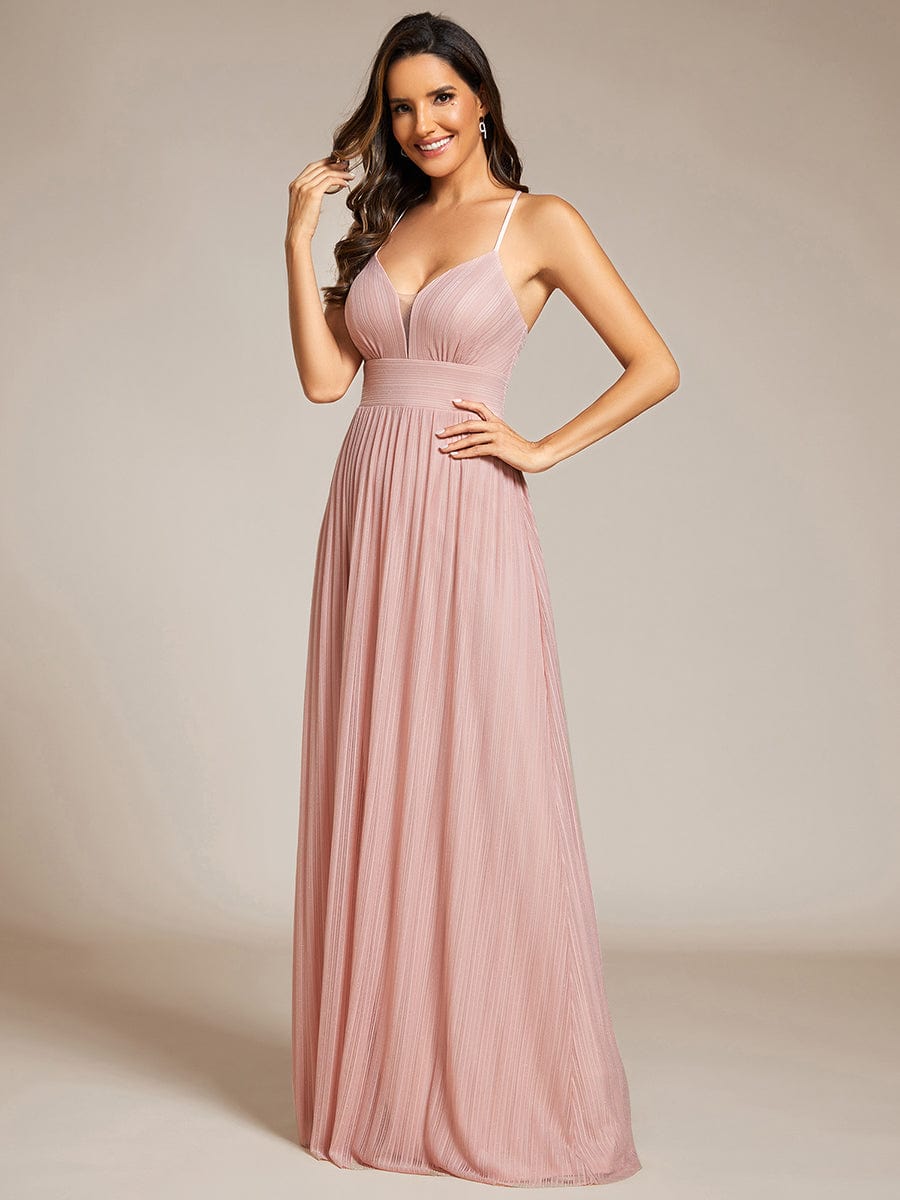 V-Neck Glittery Spaghetti Straps Backless Formal Evening Dress #color_Pink