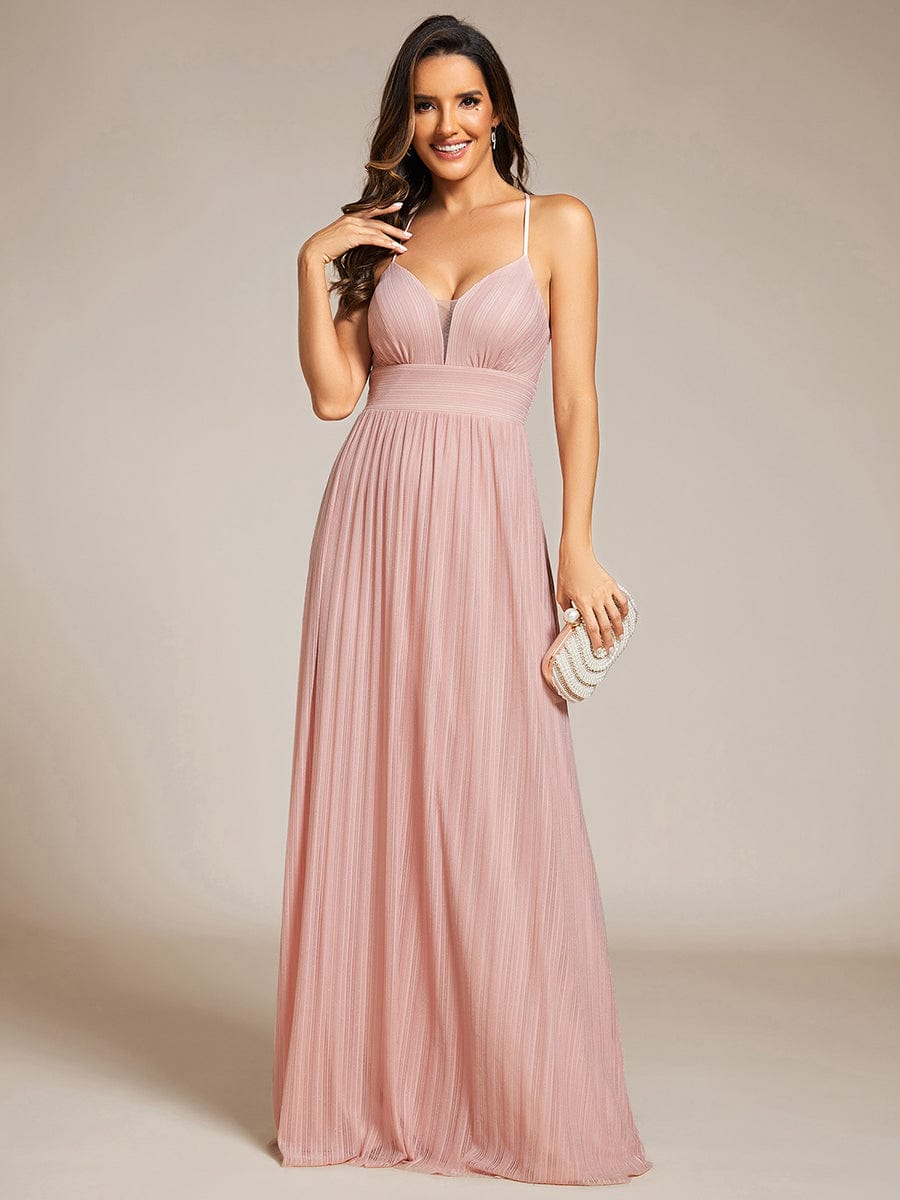 V-Neck Glittery Spaghetti Straps Backless Formal Evening Dress #color_Pink