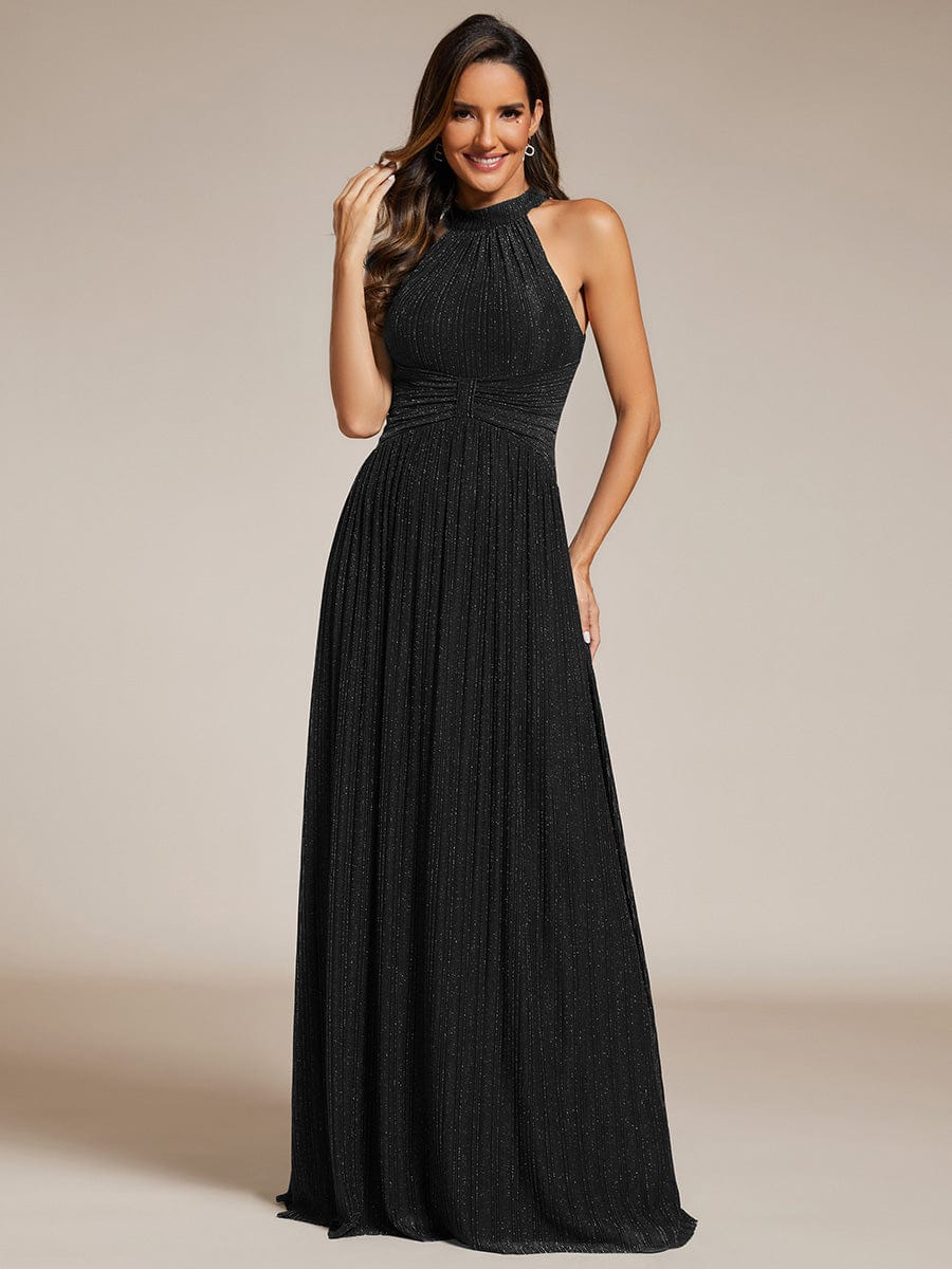 Sparkle Halter Neck Formal Evening Dress with A-line Silhouette #color_Black