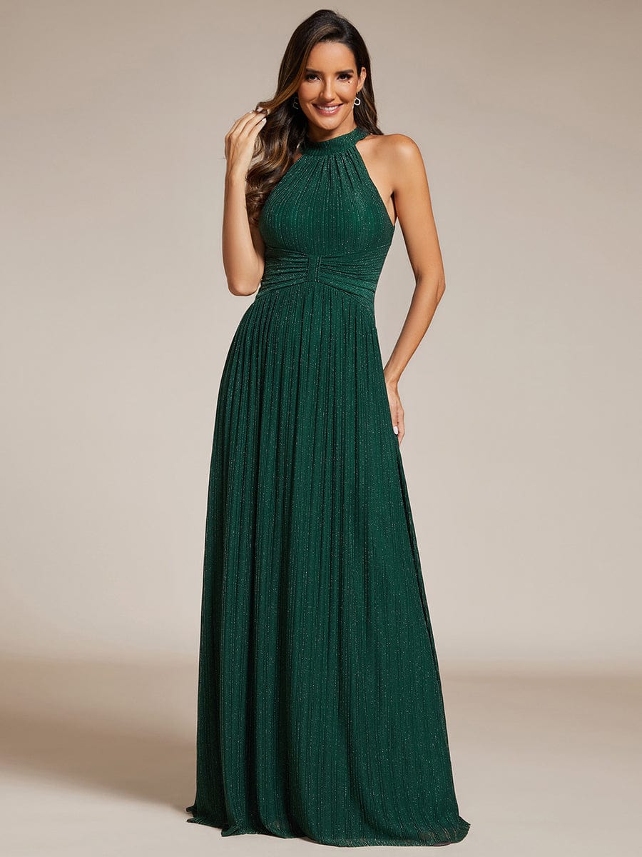 Sparkle Halter Neck Formal Evening Dress with A-line Silhouette #color_Dark Green