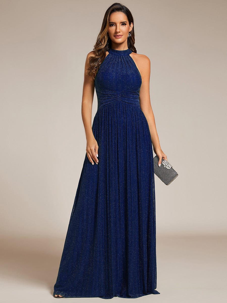 Sparkle Halter Neck Formal Evening Dress with A-line Silhouette #color_Navy Blue