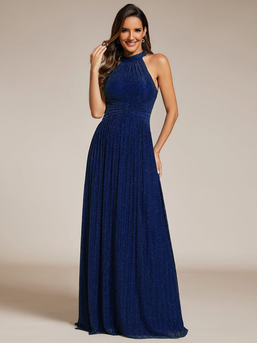 Sparkle Halter Neck Formal Evening Dress with A-line Silhouette #color_Navy Blue