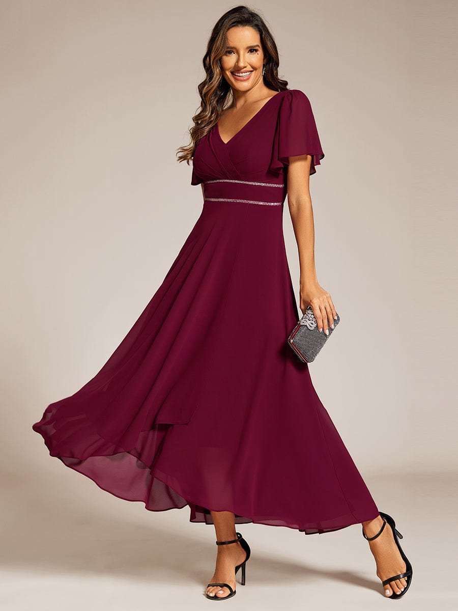 Chiffon Ruffle Sleeves Rhinestone Waist High-Low Evening Dress For Wedding #color_Burgundy