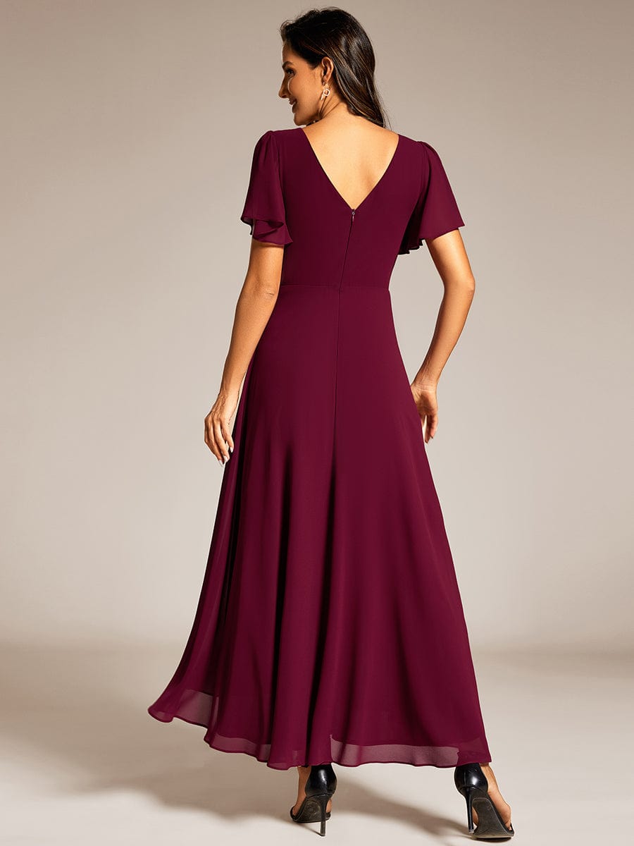 Chiffon Ruffle Sleeves Rhinestone Waist High-Low Evening Dress For Wedding #color_Burgundy