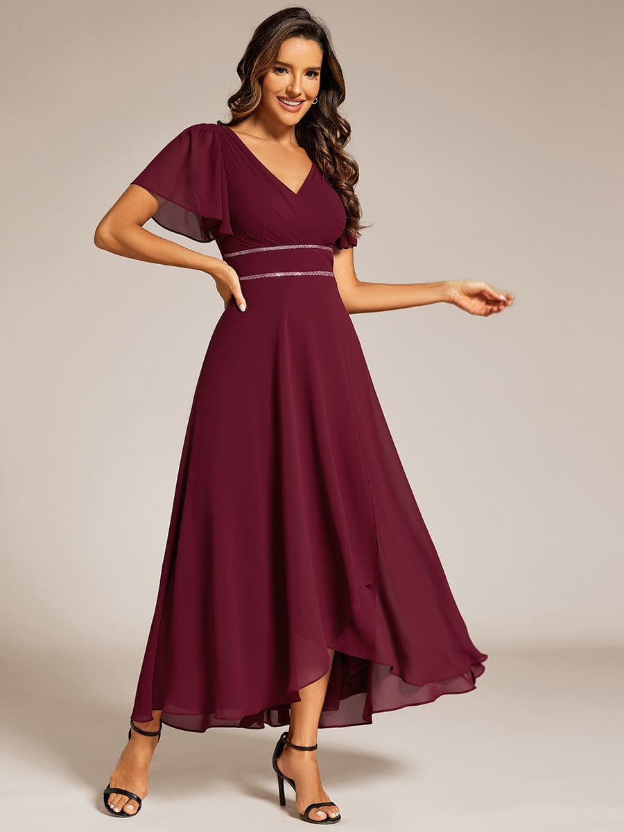 Chiffon Ruffle Sleeves Rhinestone Waist High-Low Evening Dress For Wedding #color_Burgundy