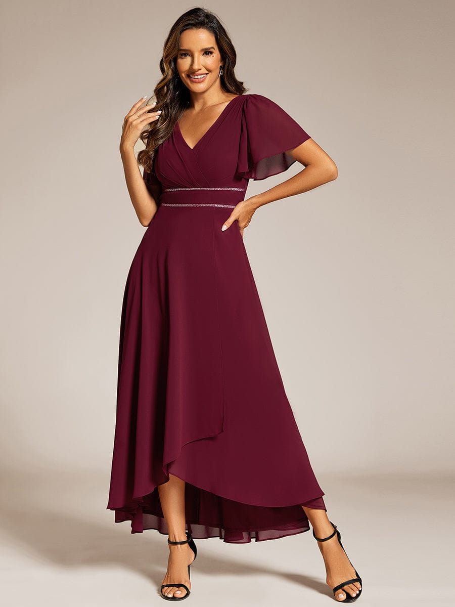 Chiffon Ruffle Sleeves Rhinestone Waist High-Low Evening Dress For Wedding #color_Burgundy