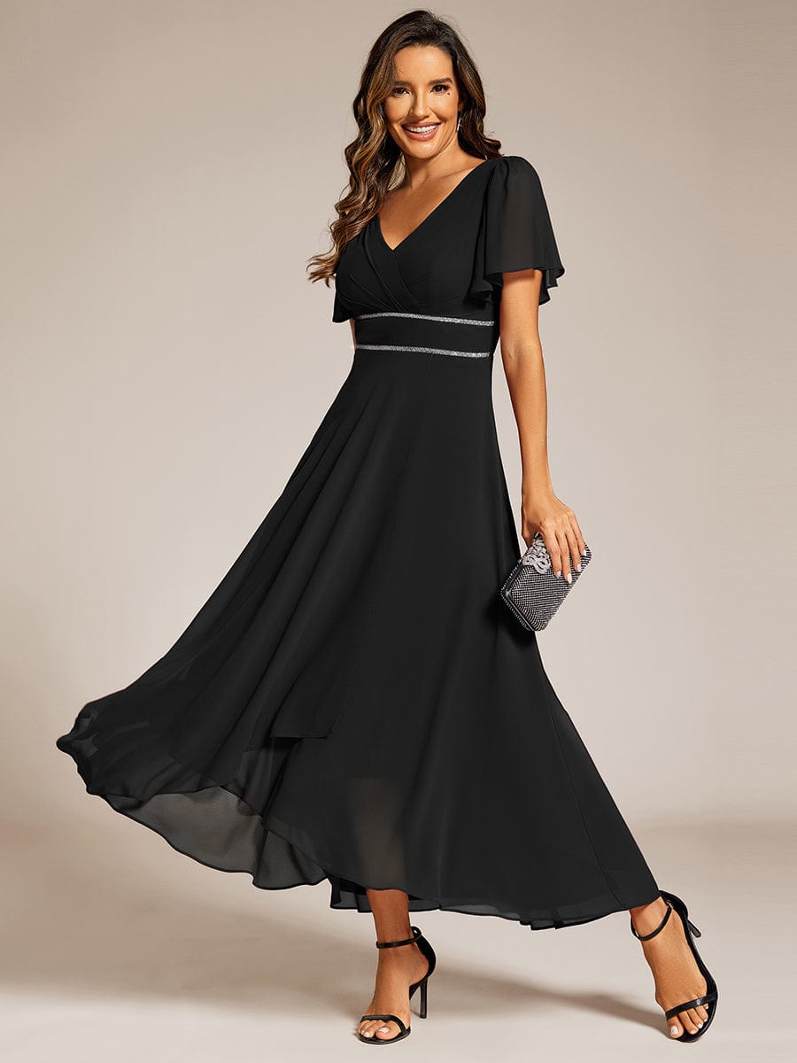 Chiffon Ruffle Sleeves Rhinestone Waist High-Low Evening Dress For Wedding #color_Black