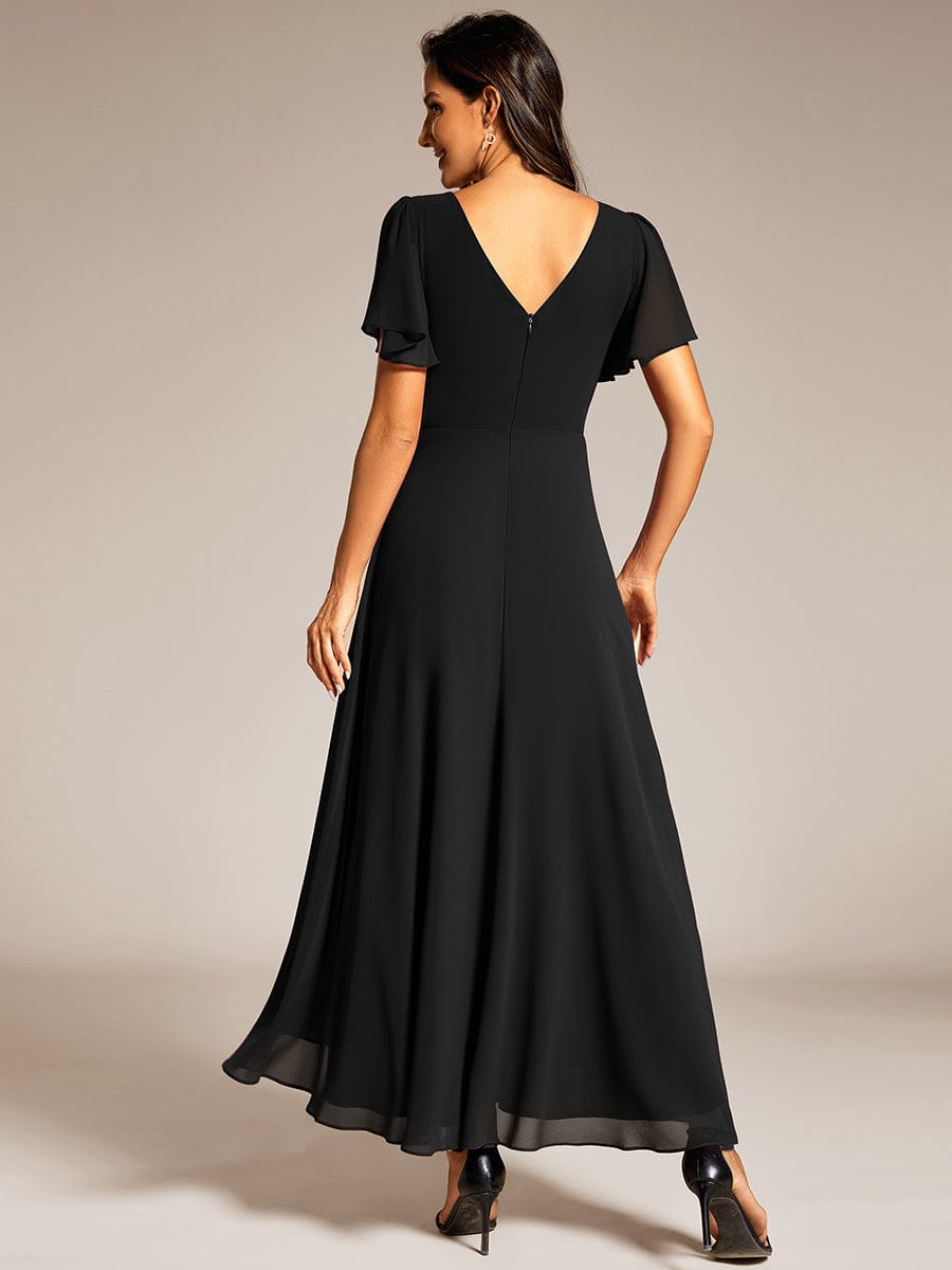 Chiffon Ruffle Sleeves Rhinestone Waist High-Low Evening Dress For Wedding #color_Black