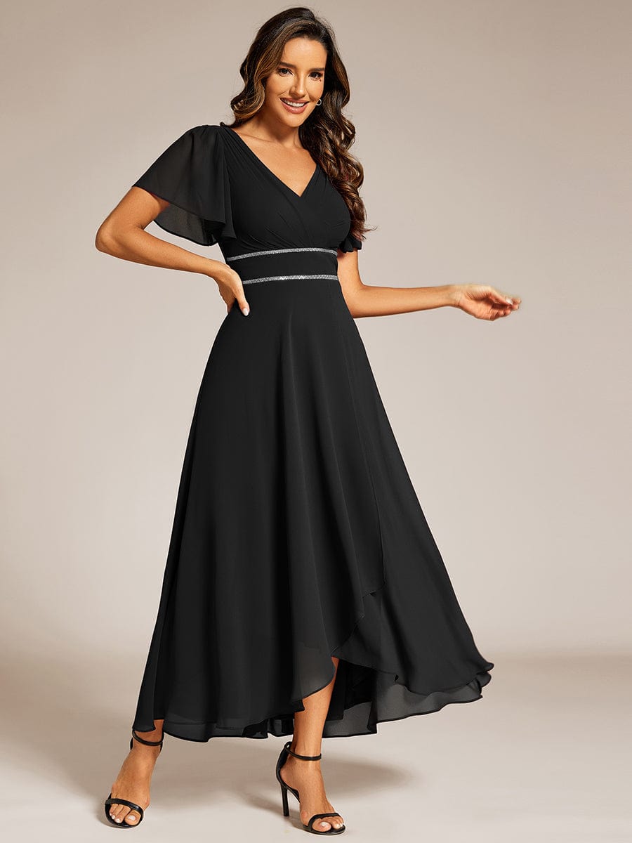 Chiffon Ruffle Sleeves Rhinestone Waist High-Low Evening Dress For Wedding #color_Black