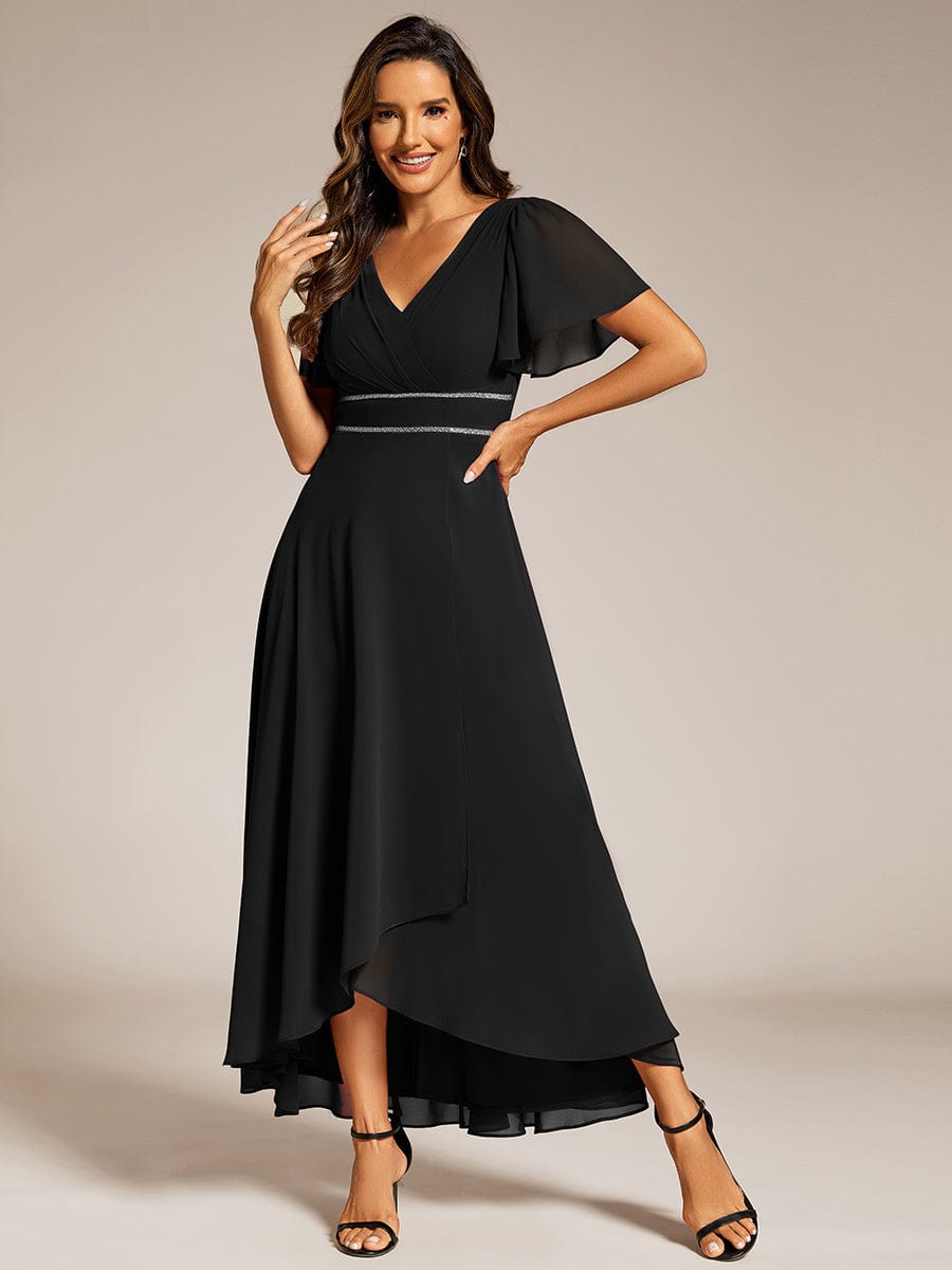 Chiffon Ruffle Sleeves Rhinestone Waist High-Low Evening Dress For Wedding #color_Black