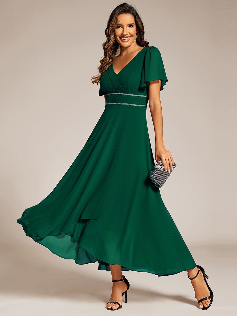 Chiffon Ruffle Sleeves Rhinestone Waist High-Low Evening Dress For Wedding #color_Dark Green