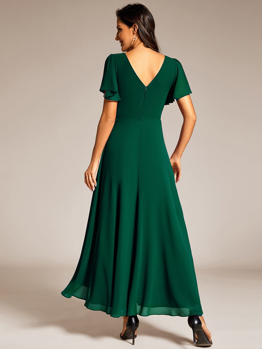 Chiffon Ruffle Sleeves Rhinestone Waist High-Low Evening Dress For Wedding #color_Dark Green