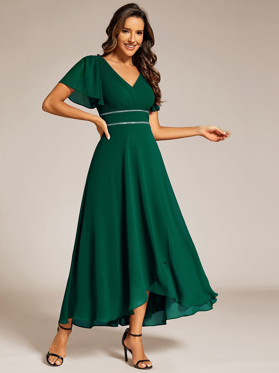 Chiffon Ruffle Sleeves Rhinestone Waist High-Low Evening Dress For Wedding #color_Dark Green