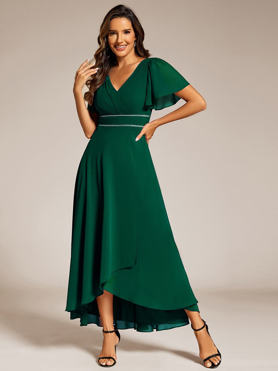 Chiffon Ruffle Sleeves Rhinestone Waist High-Low Evening Dress For Wedding #color_Dark Green