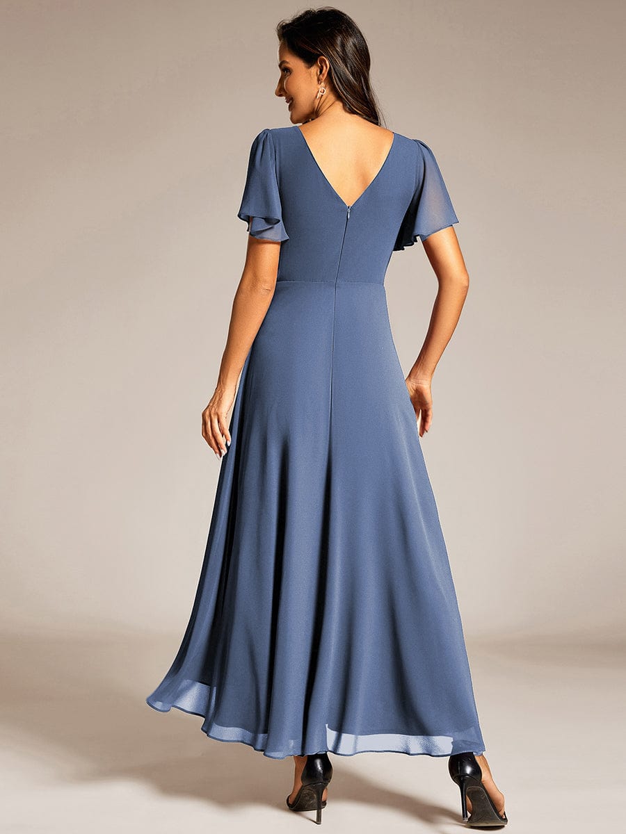 Chiffon Ruffle Sleeves Rhinestone Waist High-Low Evening Dress For Wedding #color_Dusty Blue