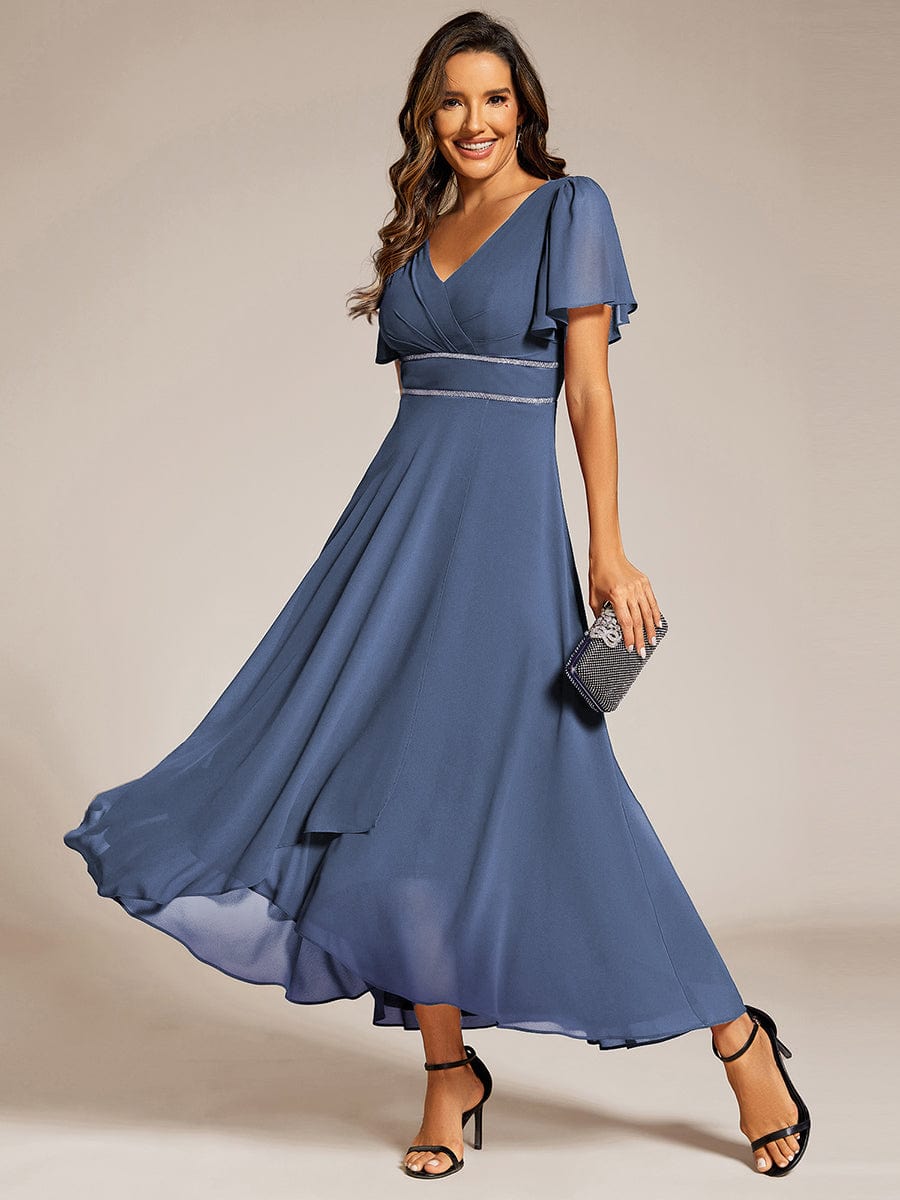 Chiffon Ruffle Sleeves Rhinestone Waist High-Low Evening Dress For Wedding #color_Dusty Blue