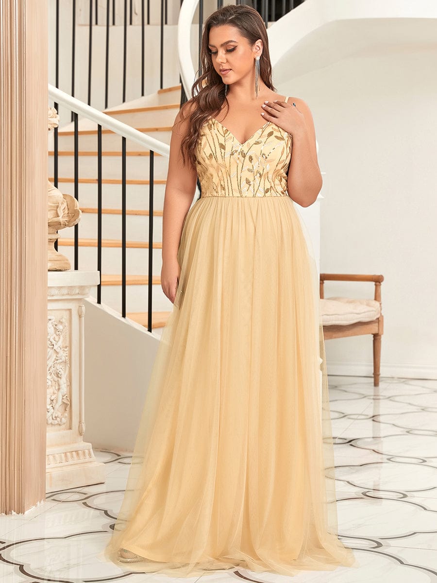 Custom Size V Neck Spaghetti Strap Embroidered Floor Length Tulle Evening Dress #color_Gold