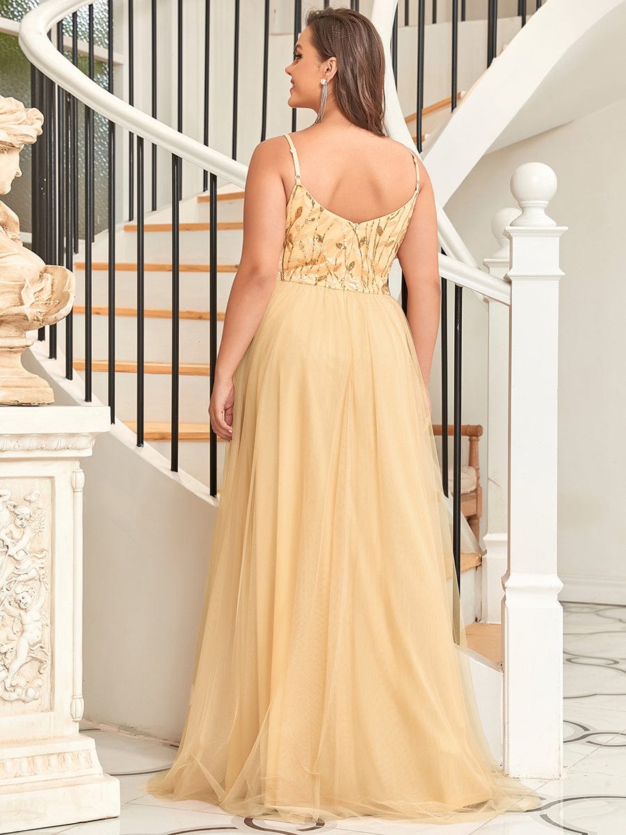 Custom Size V Neck Spaghetti Strap Embroidered Floor Length Tulle Evening Dress #color_Gold