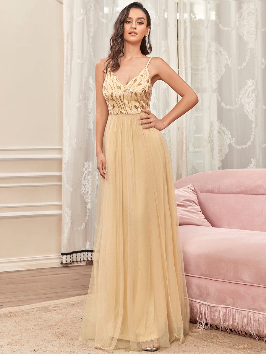 Custom Size V Neck Spaghetti Strap Embroidered Floor Length Tulle Evening Dress #color_Gold