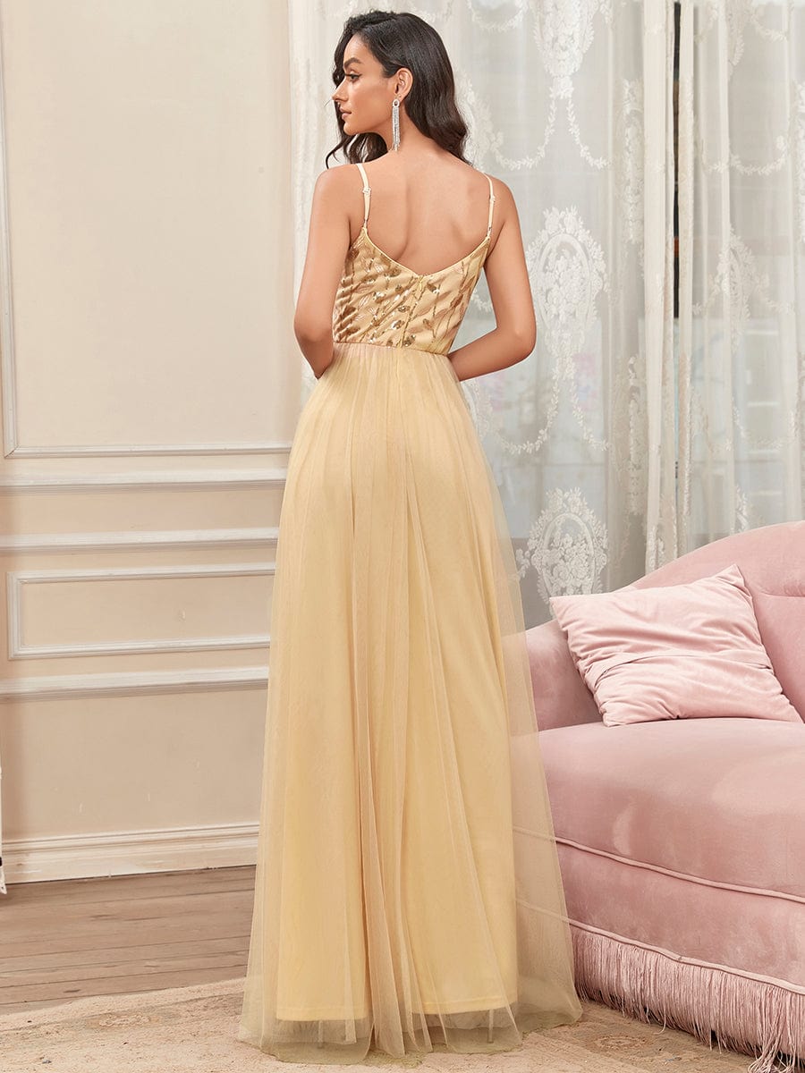 Custom Size V Neck Spaghetti Strap Embroidered Floor Length Tulle Evening Dress #color_Gold