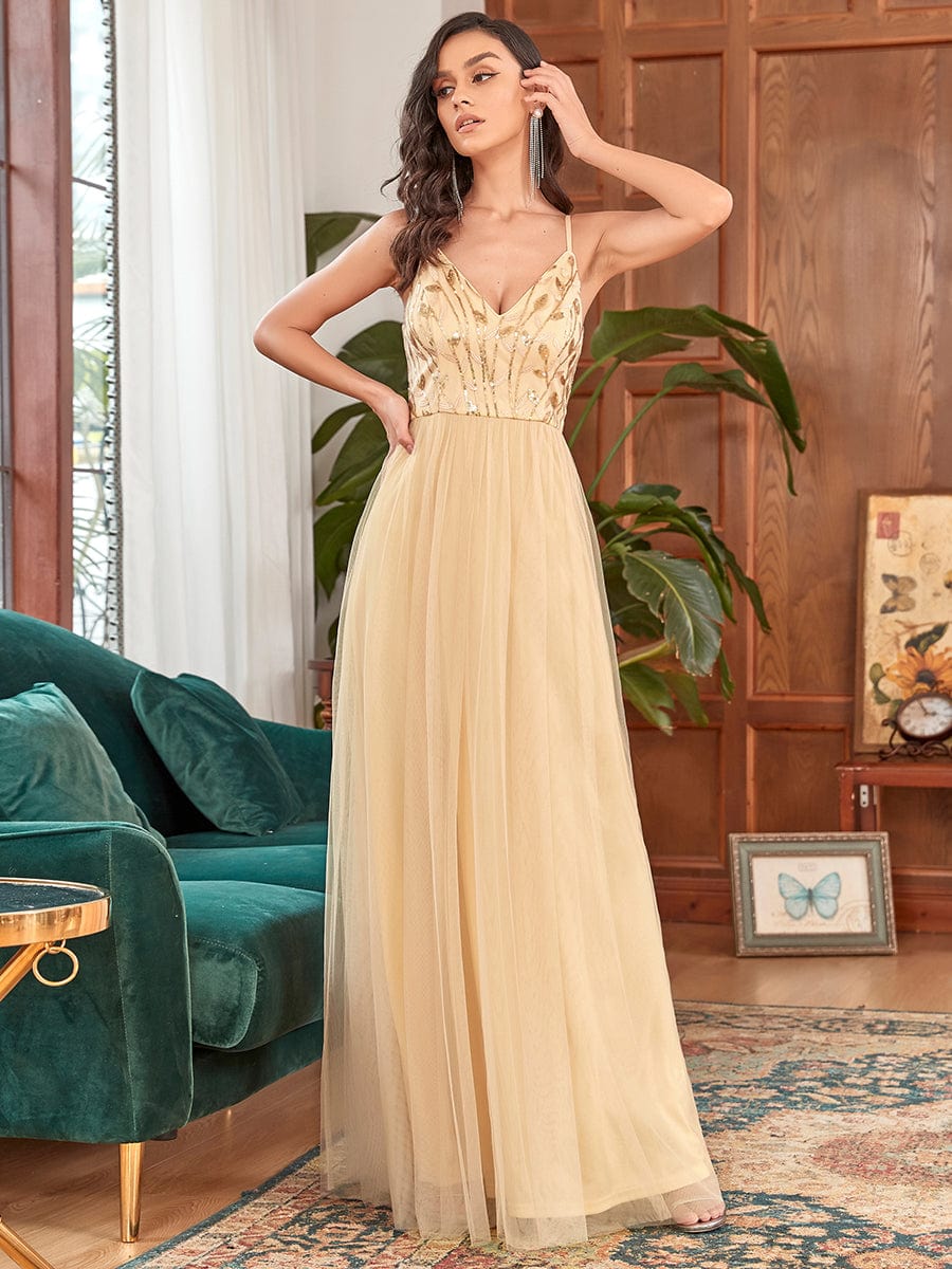 Custom Size V Neck Spaghetti Strap Embroidered Floor Length Tulle Evening Dress #color_Gold