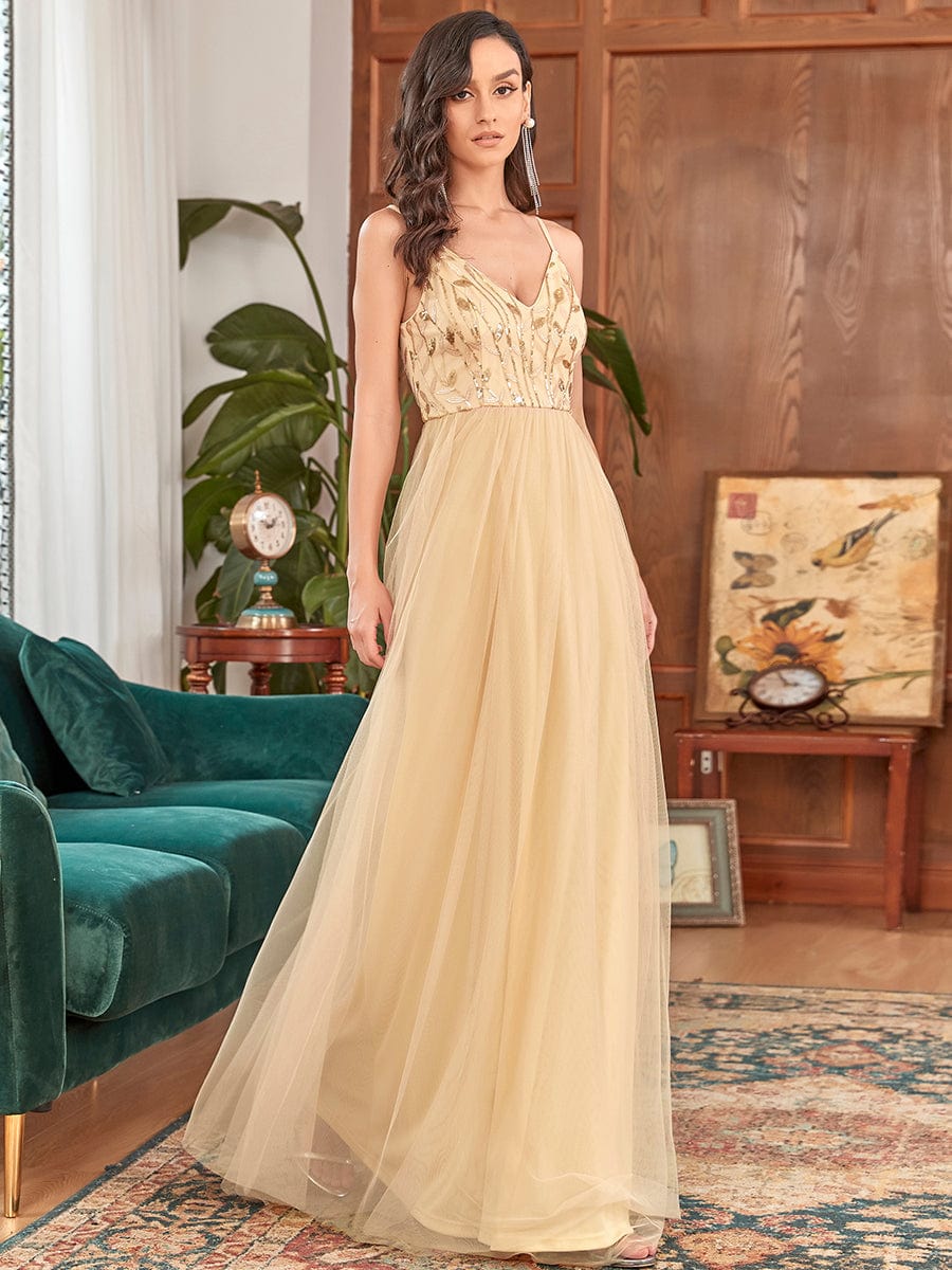 Custom Size V Neck Spaghetti Strap Embroidered Floor Length Tulle Evening Dress #color_Gold