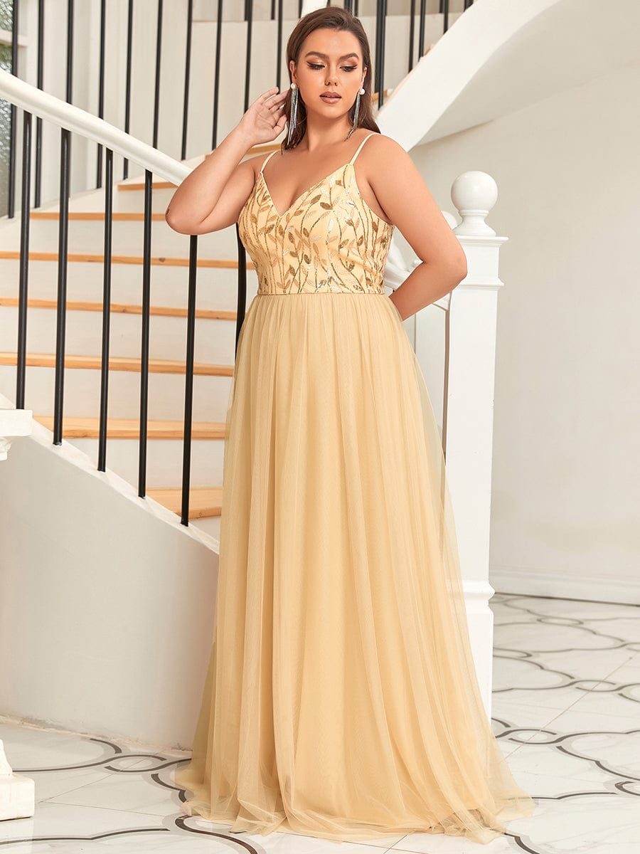 Custom Size V Neck Spaghetti Strap Embroidered Floor Length Tulle Evening Dress #color_Gold