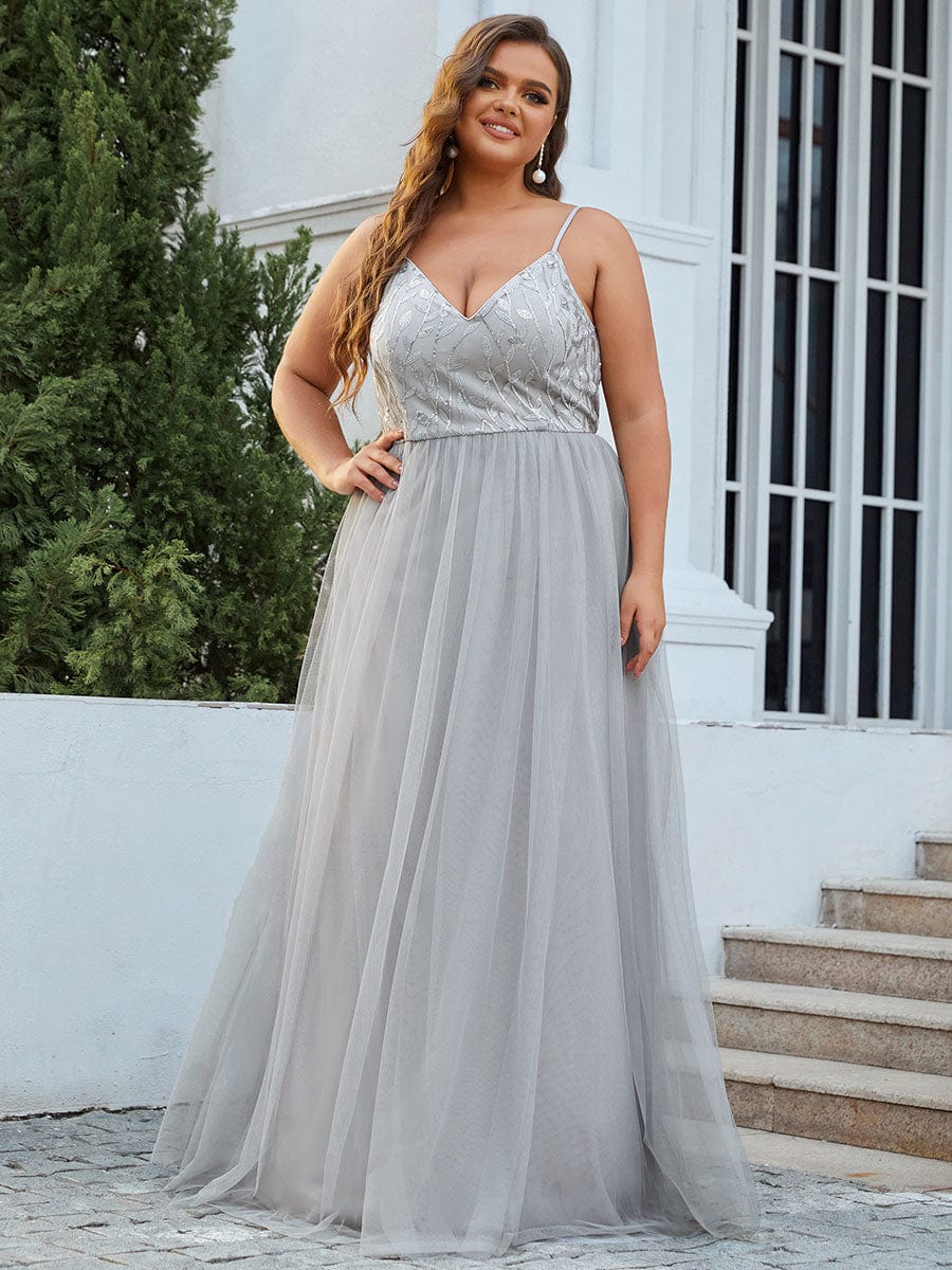 Custom Size V Neck Spaghetti Strap Embroidered Floor Length Tulle Evening Dress #color_Grey