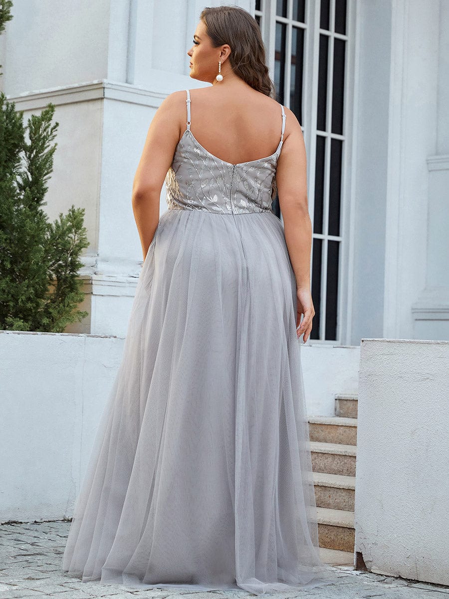 Custom Size V Neck Spaghetti Strap Embroidered Floor Length Tulle Evening Dress #color_Grey