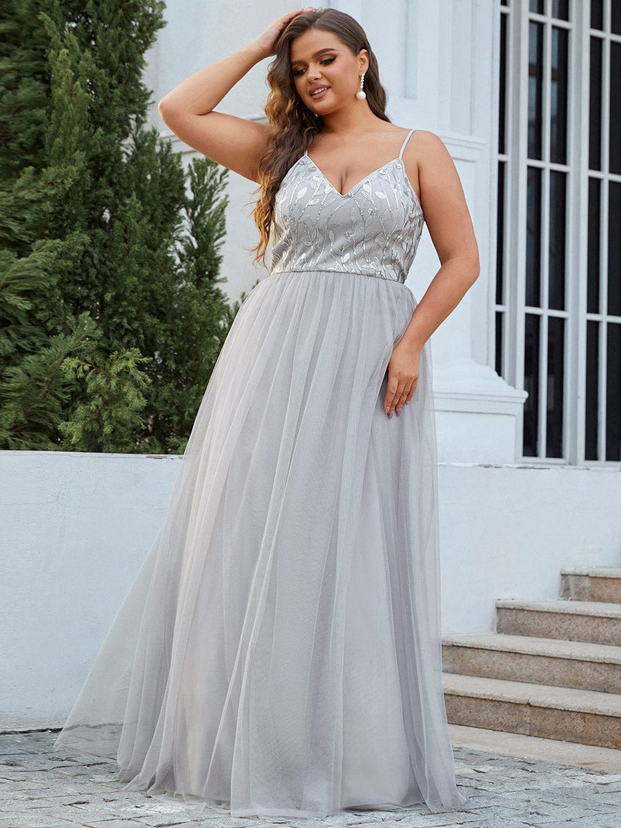 Custom Size V Neck Spaghetti Strap Embroidered Floor Length Tulle Evening Dress #color_Grey