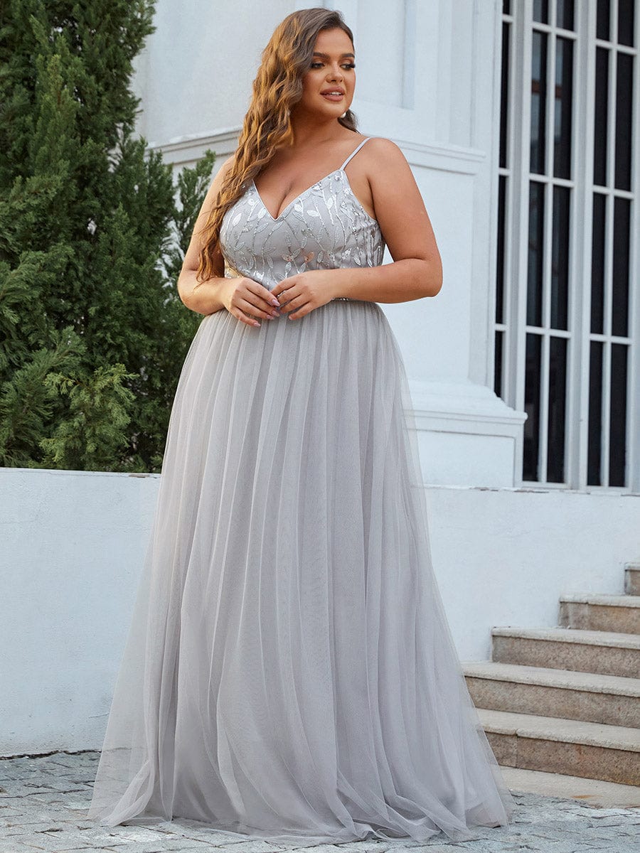 Custom Size V Neck Spaghetti Strap Embroidered Floor Length Tulle Evening Dress #color_Grey