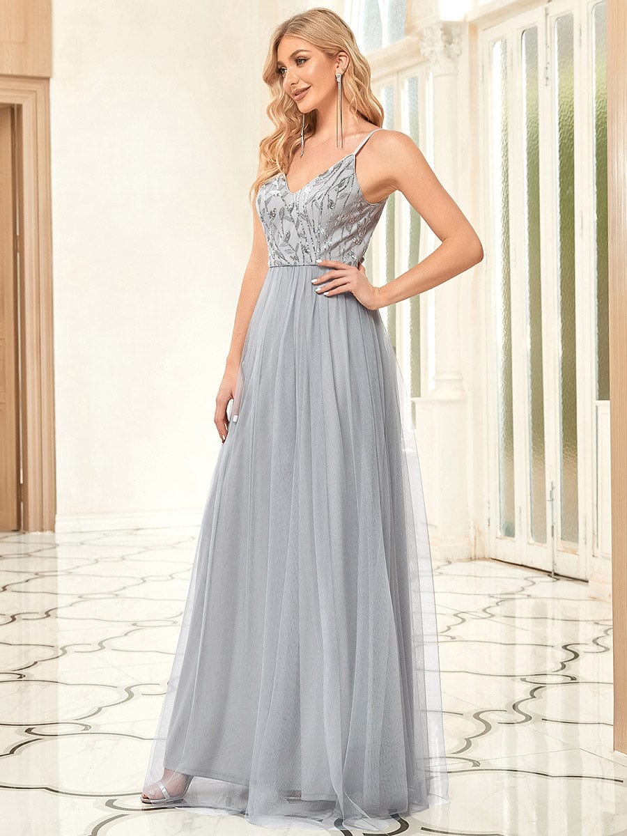 Custom Size V Neck Spaghetti Strap Embroidered Floor Length Tulle Evening Dress #color_Grey