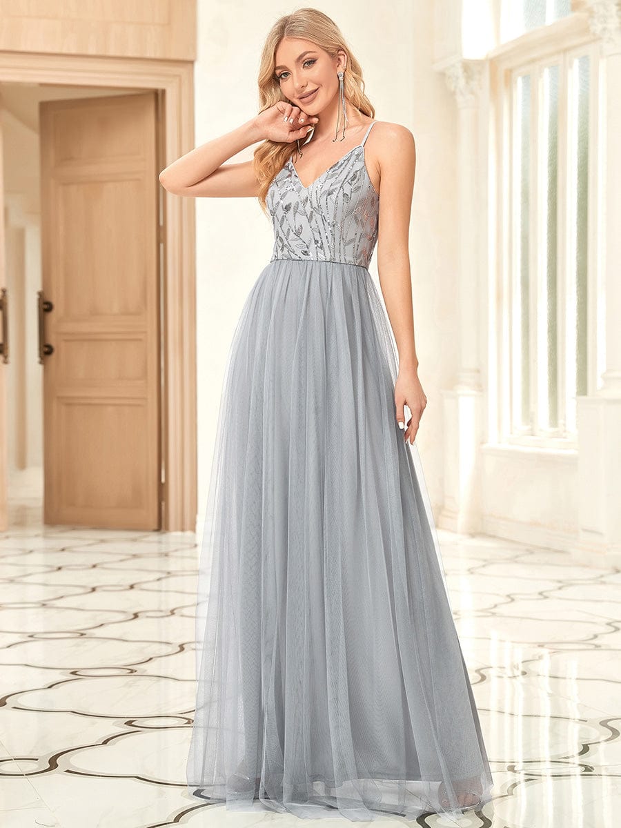 Custom Size V Neck Spaghetti Strap Embroidered Floor Length Tulle Evening Dress #color_Grey