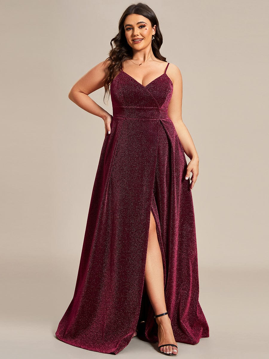 Vintage V-neck Spaghetti Straps Glitter Maxi Evening Dress #color_Burgundy