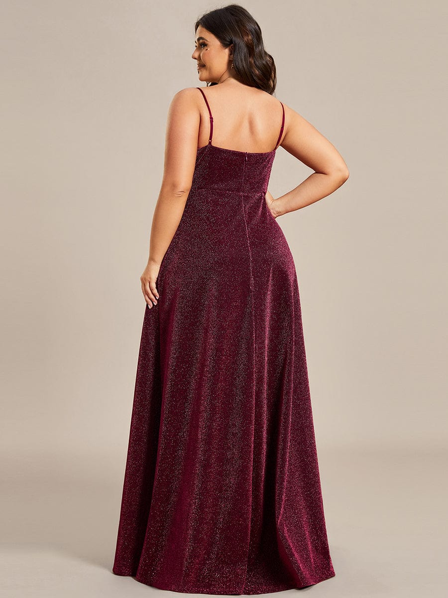 Vintage V-neck Spaghetti Straps Glitter Maxi Evening Dress #color_Burgundy