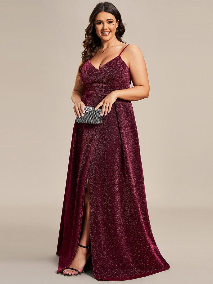 Vintage V-neck Spaghetti Straps Glitter Maxi Evening Dress #color_Burgundy