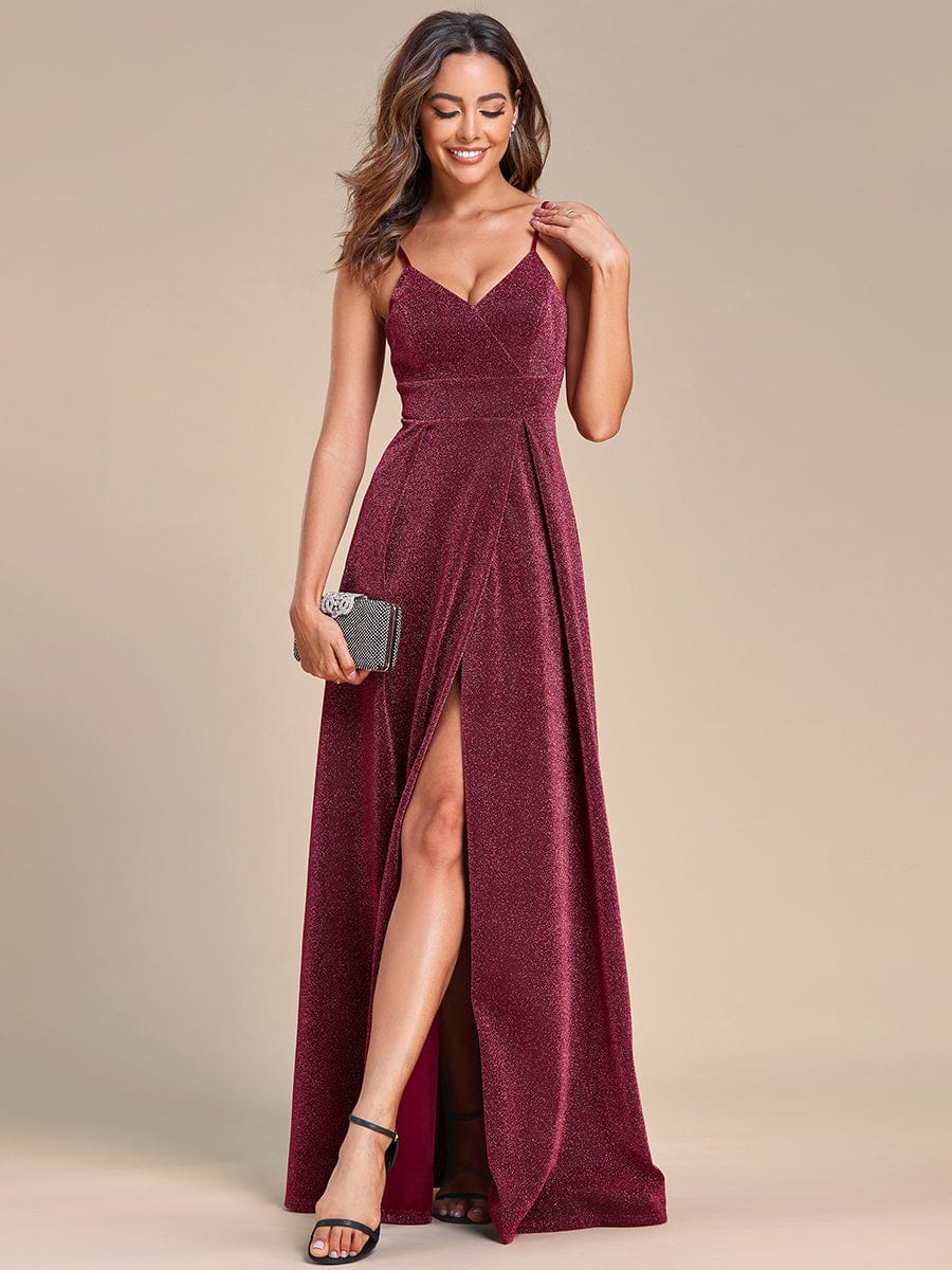 Vintage V-neck Spaghetti Straps Glitter Maxi Evening Dress #color_Burgundy