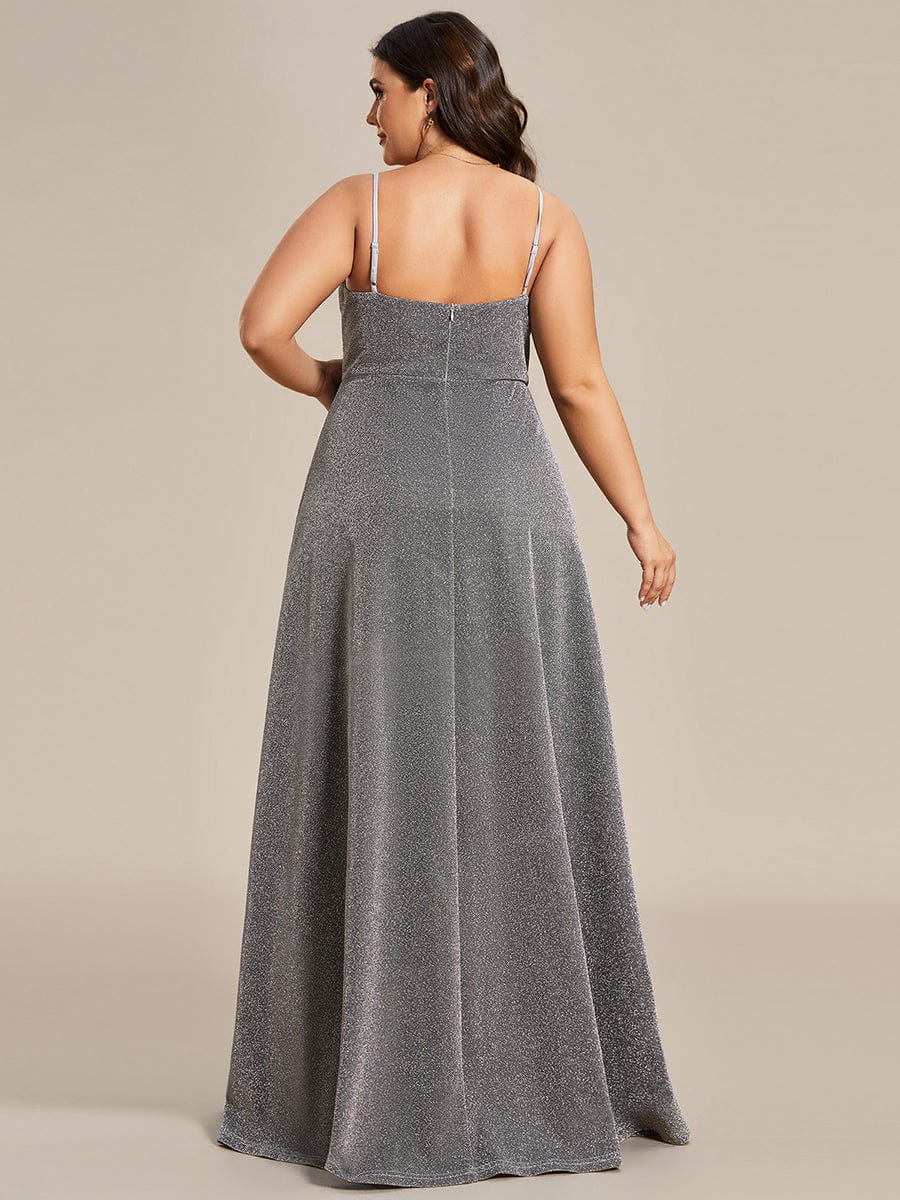 Vintage V-neck Spaghetti Straps Glitter Maxi Evening Dress #color_Grey