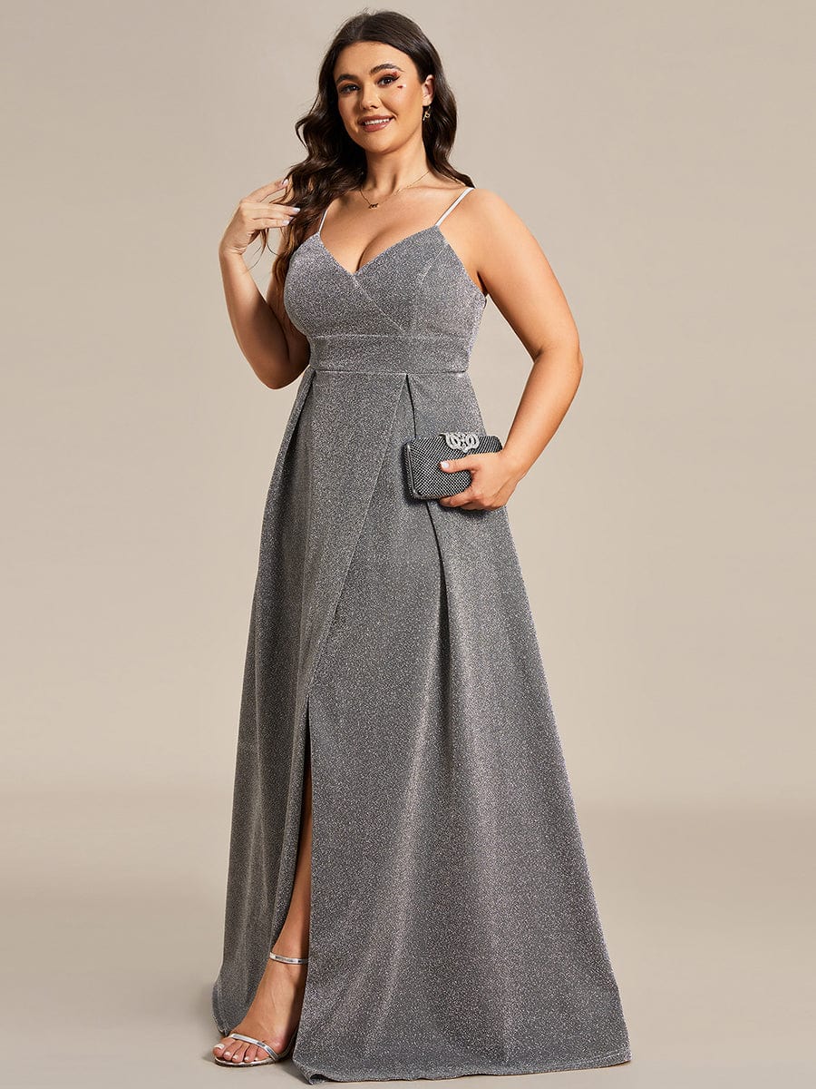 Vintage V-neck Spaghetti Straps Glitter Maxi Evening Dress #color_Grey