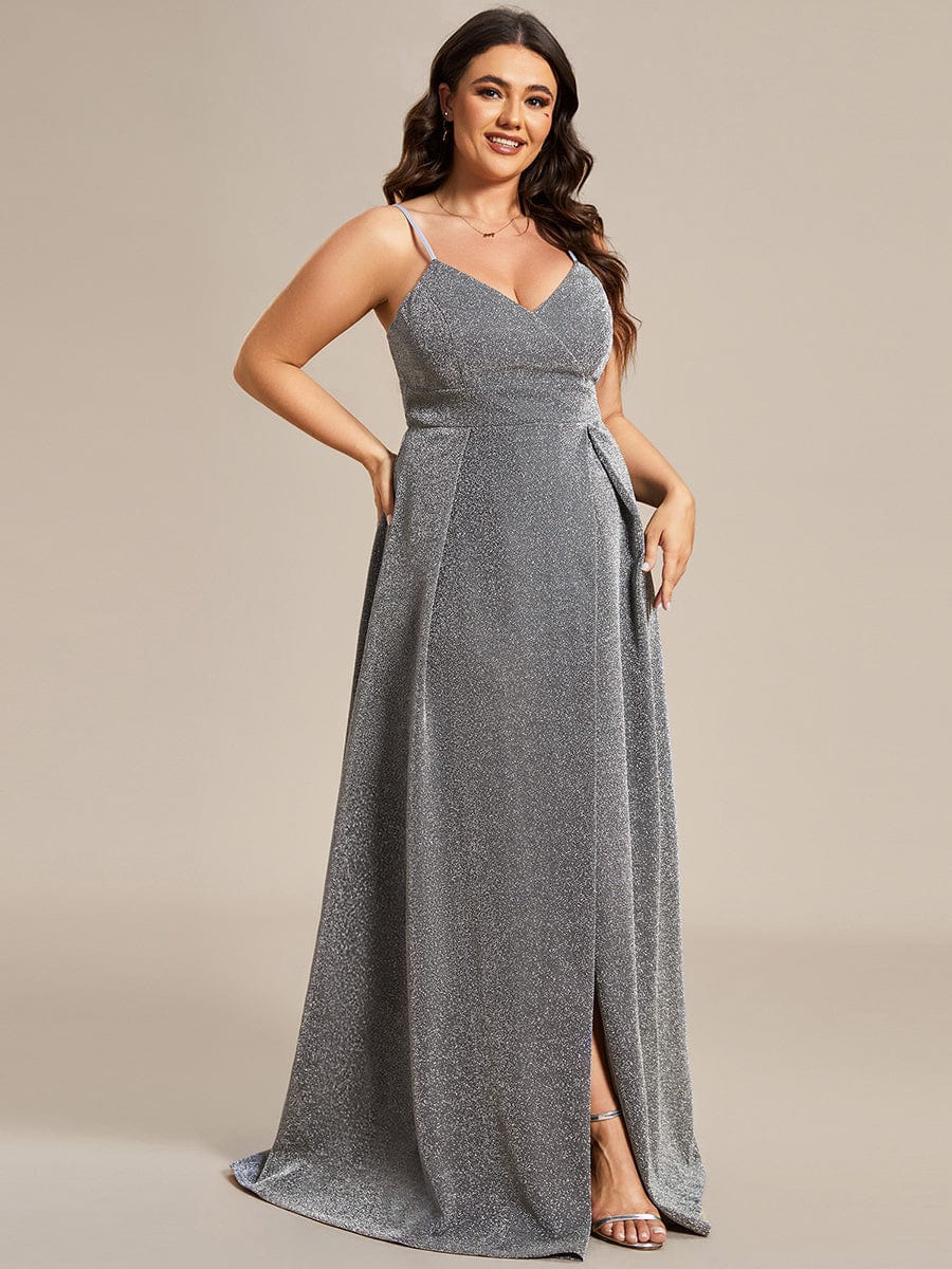 Vintage V-neck Spaghetti Straps Glitter Maxi Evening Dress #color_Grey