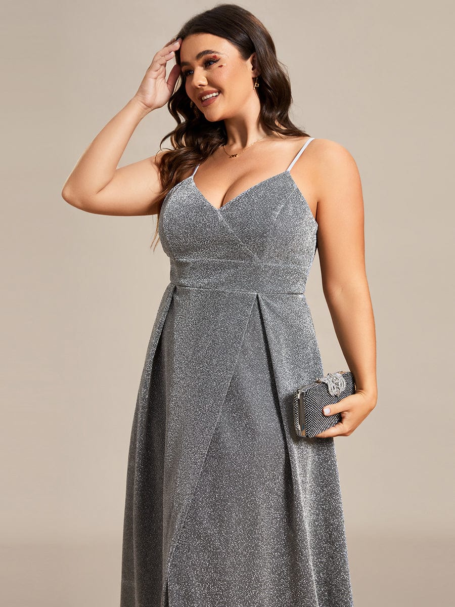 Vintage V-neck Spaghetti Straps Glitter Maxi Evening Dress #color_Grey