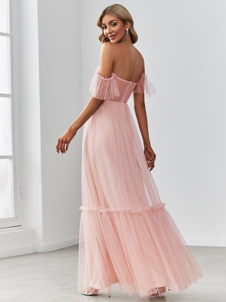 Off the Shoulder Sweetheart Pleated Tulle Dress In Pink #color_Pink