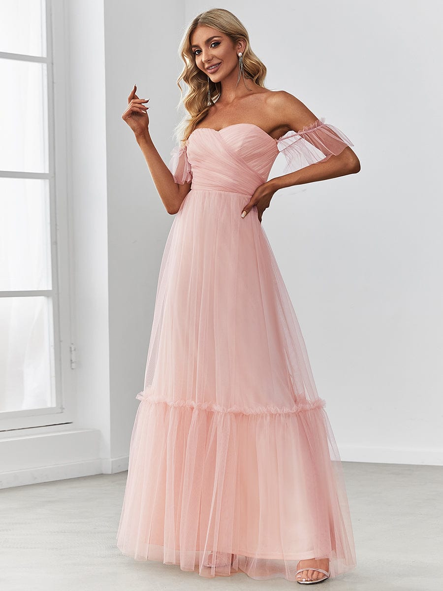 Off the Shoulder Sweetheart Pleated Tulle Dress In Pink #color_Pink